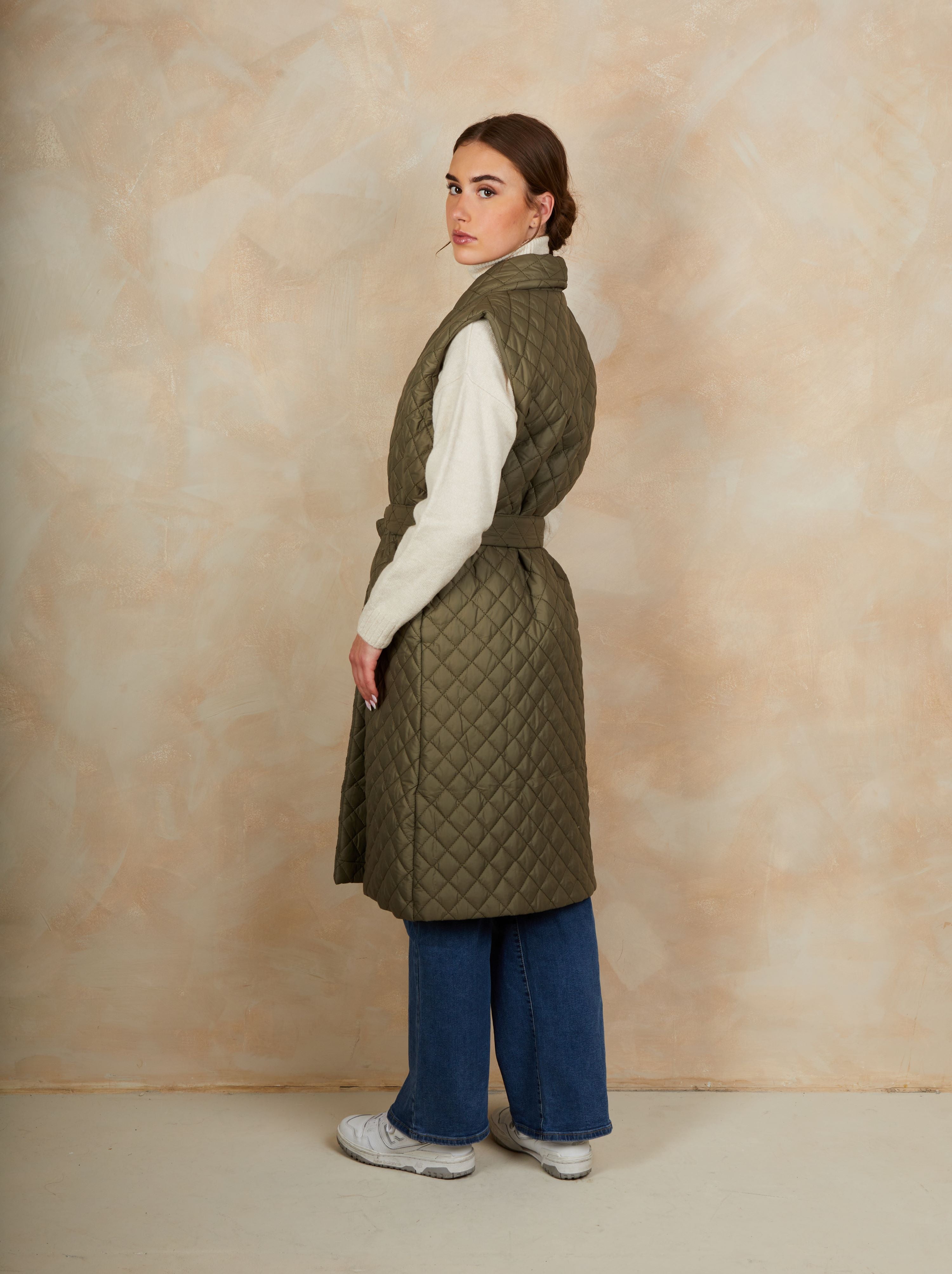 Diamond Quilted Longline Belted Gilet in Khaki | Chi Chi London UK