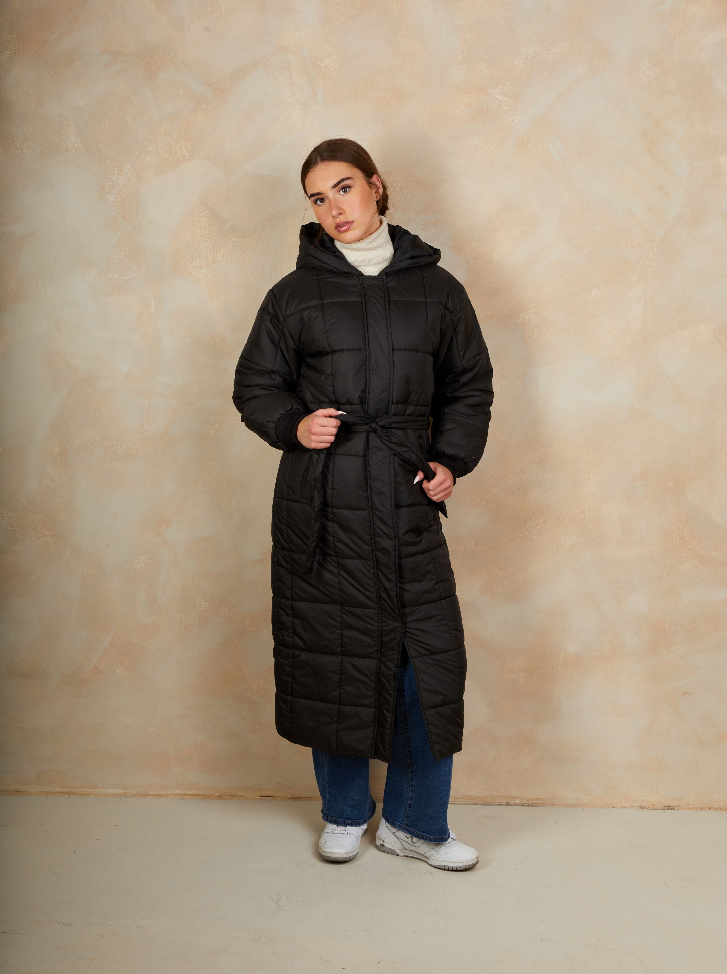 Check Padded Longline Belted Coat in Black