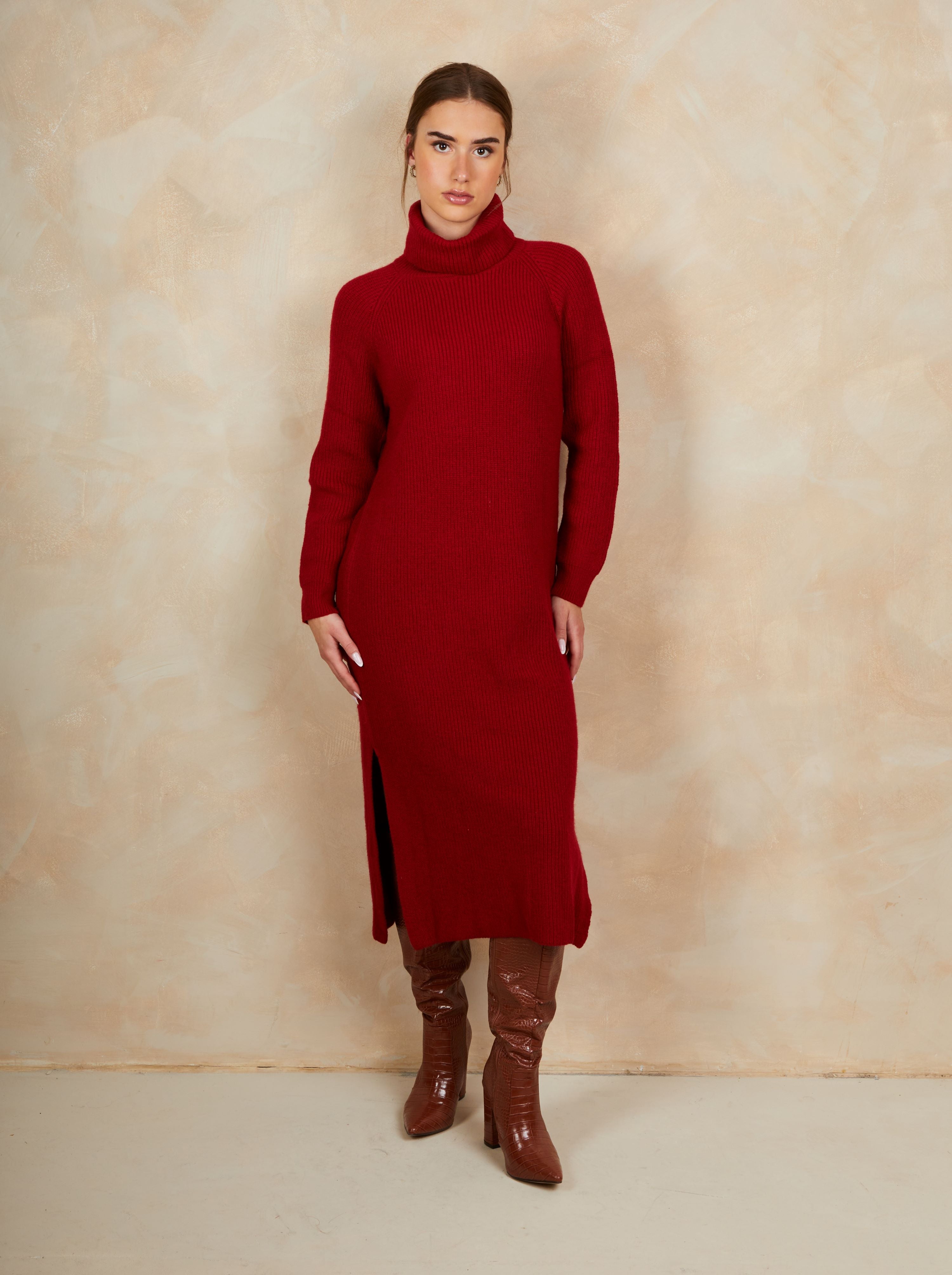 Roll Neck Oversized Jumper Dress in Red