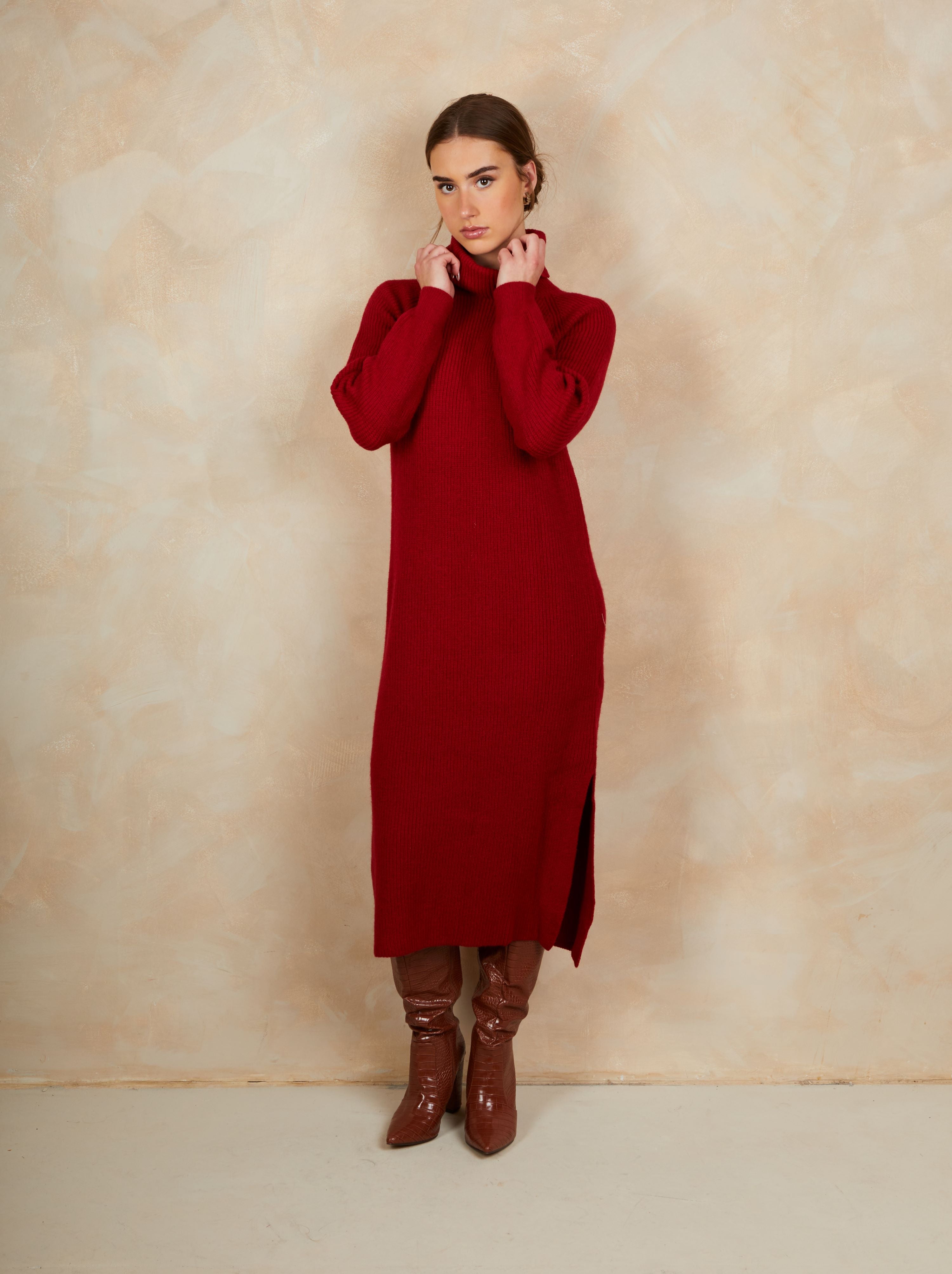 Roll Neck Oversized Jumper Dress in Red