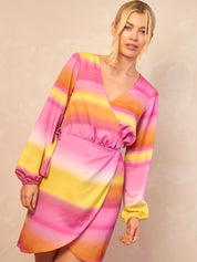 Long Sleeve Satin Ombre Wrap Mini Dress in Multi