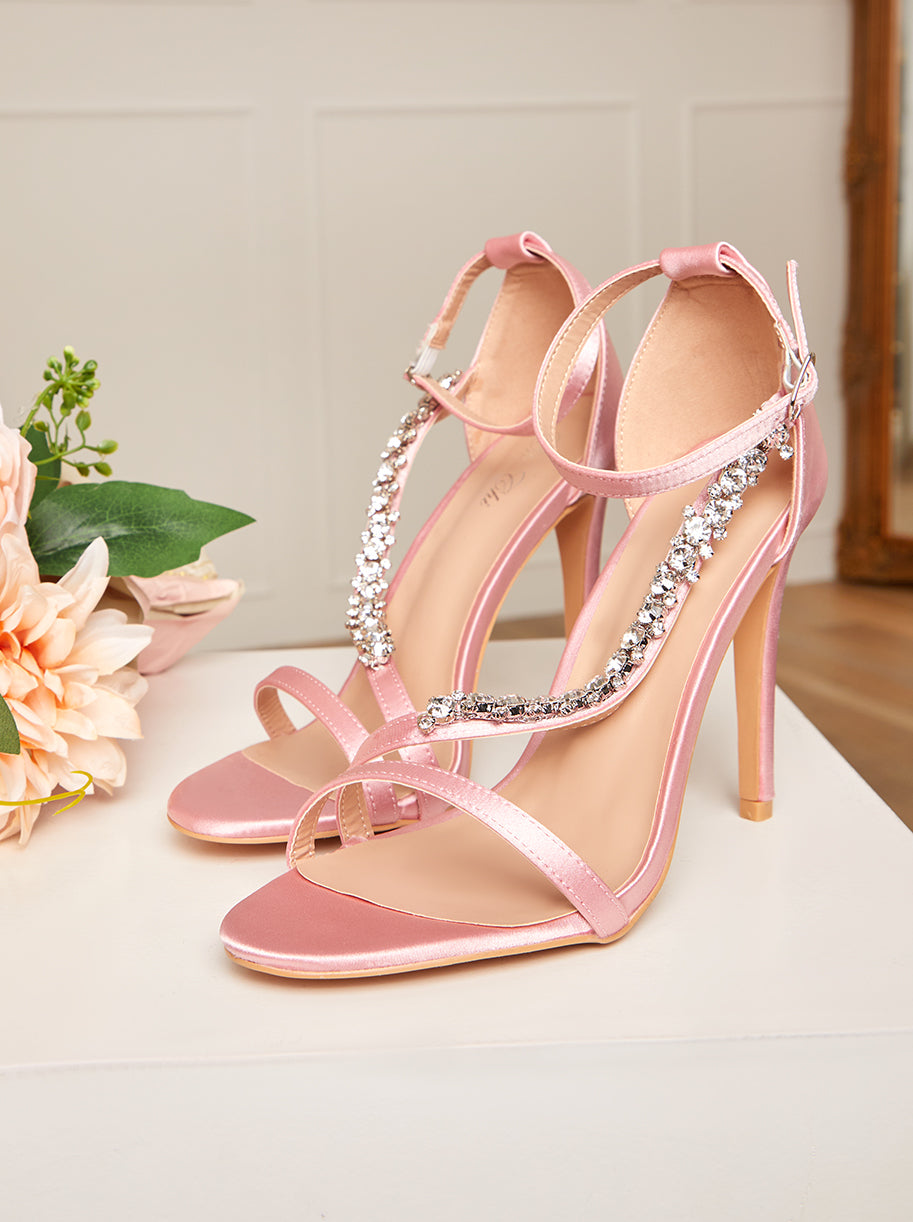 High Heel Diamante Strap Sandals in Pink