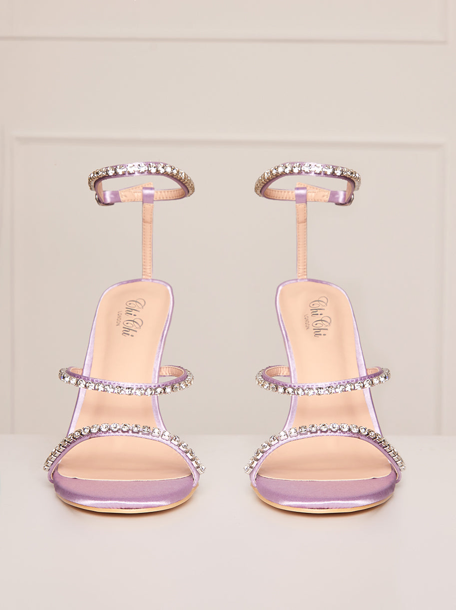 High Heel Diamante Strap Sandals in Lilac