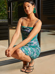 Cami Abstract Floral Print Ruched Bodycon Midi Dress in Green
