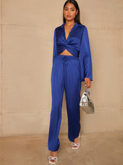 Long Sleeve V Neck Satin Twist Detail Top in Blue