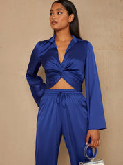 Long Sleeve V Neck Satin Twist Detail Top in Blue