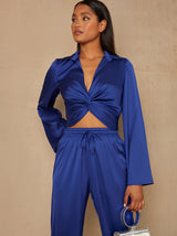 Long Sleeve V Neck Satin Twist Detail Top in Blue