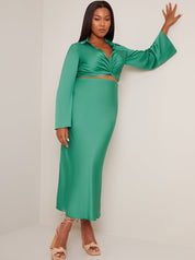 Long Sleeve V Neck Satin Twist Detail Top in Green