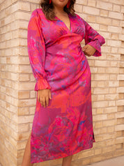 Plus Size Long Sleeve V Neck Floral Print Dress in Pink