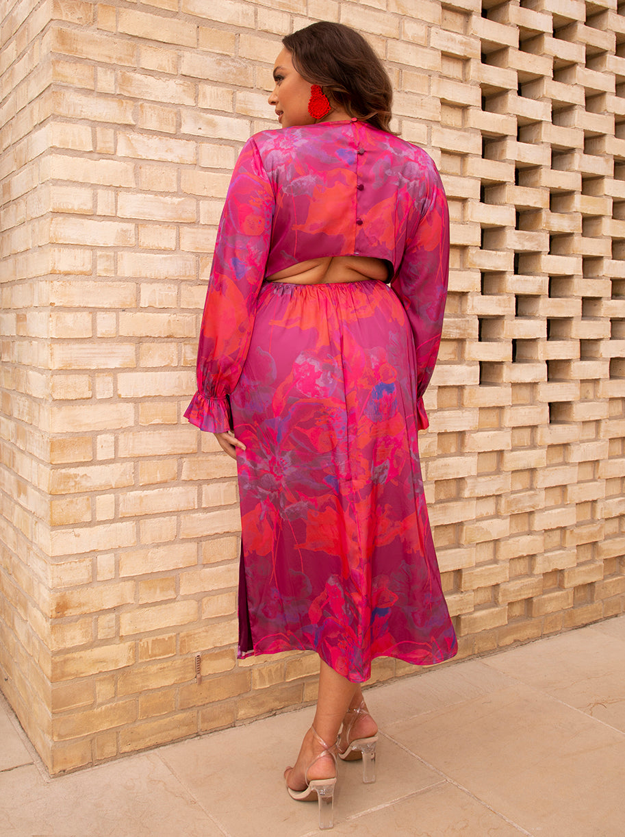 Plus Size Long Sleeve V Neck Floral Print Dress in Pink