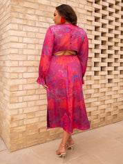 Plus Size Long Sleeve V Neck Floral Print Dress in Pink