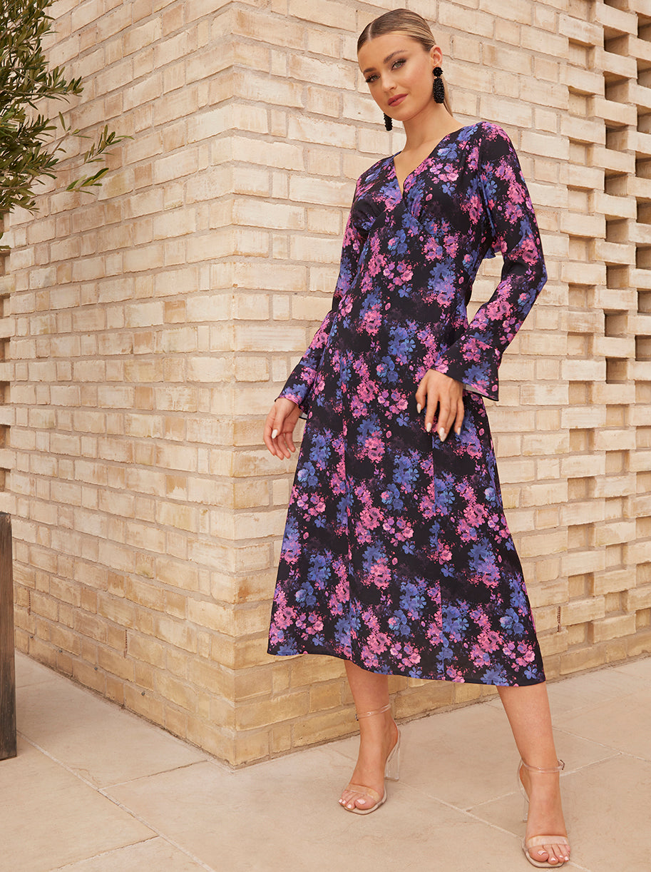 Chi Chi Long Sleeve V Neck Floral Print Midi Dress in Black, Size 10 Chi Chi Long Sleeve V Neck Floral Print Midi Dress in Black, Size 10