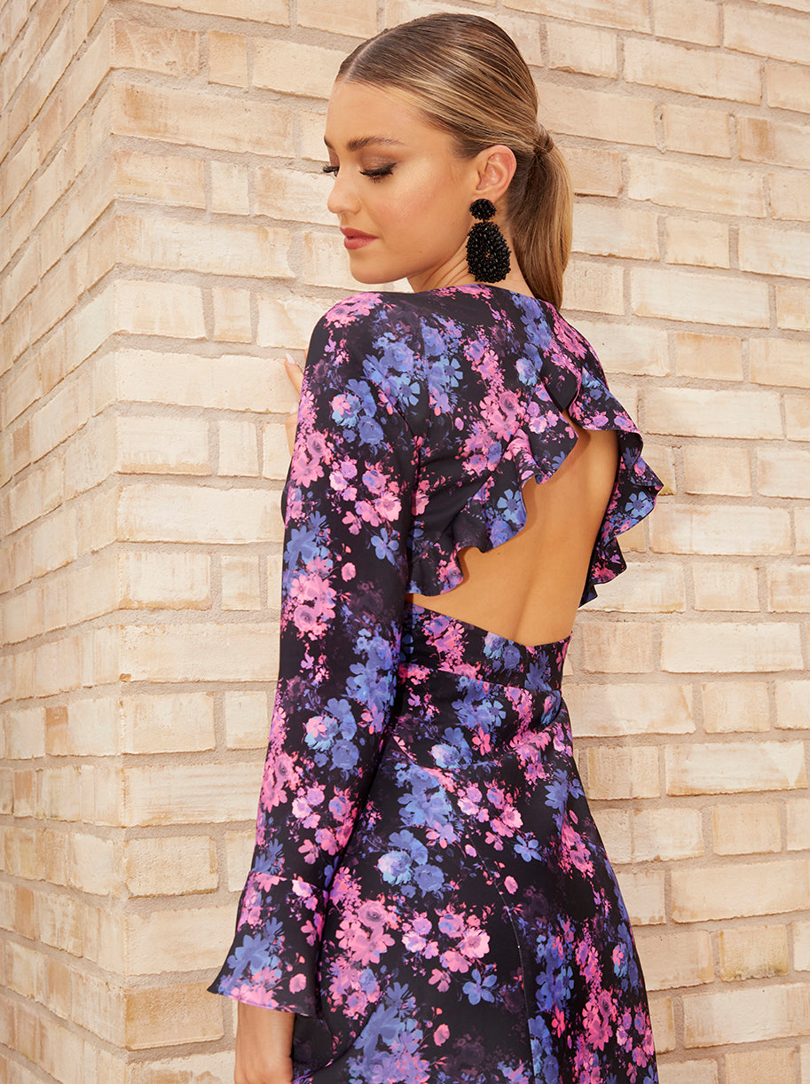 Chi Chi Long Sleeve V Neck Floral Print Midi Dress in Black, Size 10 Chi Chi Long Sleeve V Neck Floral Print Midi Dress in Black, Size 10