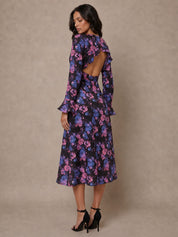 Long Sleeve V Neck Floral Print Midi Dress in Black