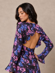 Long Sleeve V Neck Floral Print Midi Dress in Black