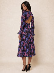 Long Sleeve V Neck Floral Print Midi Dress in Black