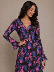 Long Sleeve V Neck Floral Print Midi Dress in Black