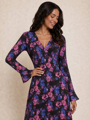 Long Sleeve V Neck Floral Print Midi Dress in Black