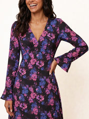 Long Sleeve V Neck Floral Print Midi Dress in Black