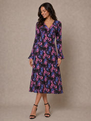 Long Sleeve V Neck Floral Print Midi Dress in Black