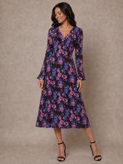 Long Sleeve V Neck Floral Print Midi Dress in Black