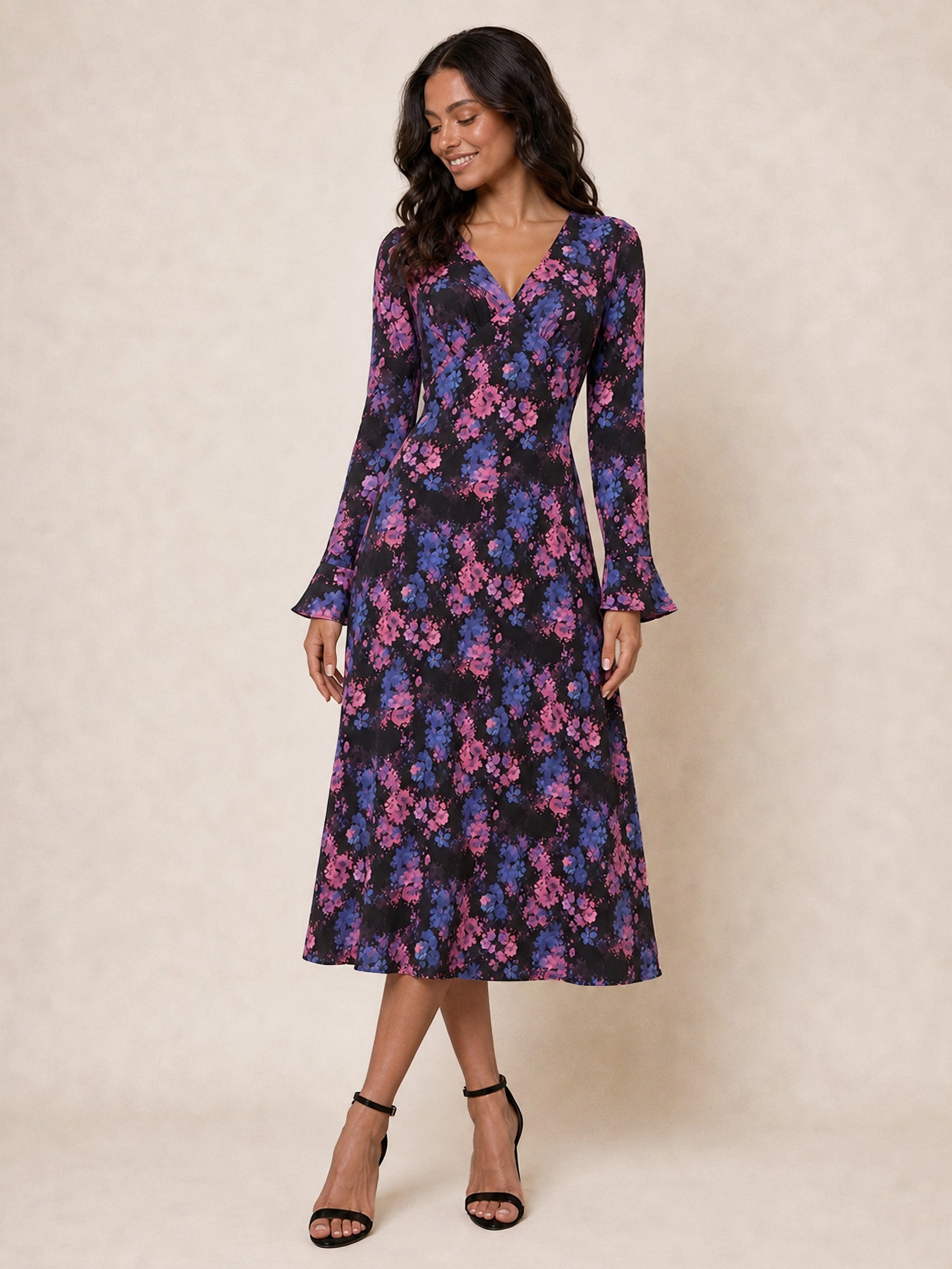 Chi Chi Long Sleeve V Neck Floral Print Midi Dress in Black, Size 10