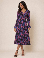 Long Sleeve V Neck Floral Print Midi Dress in Black