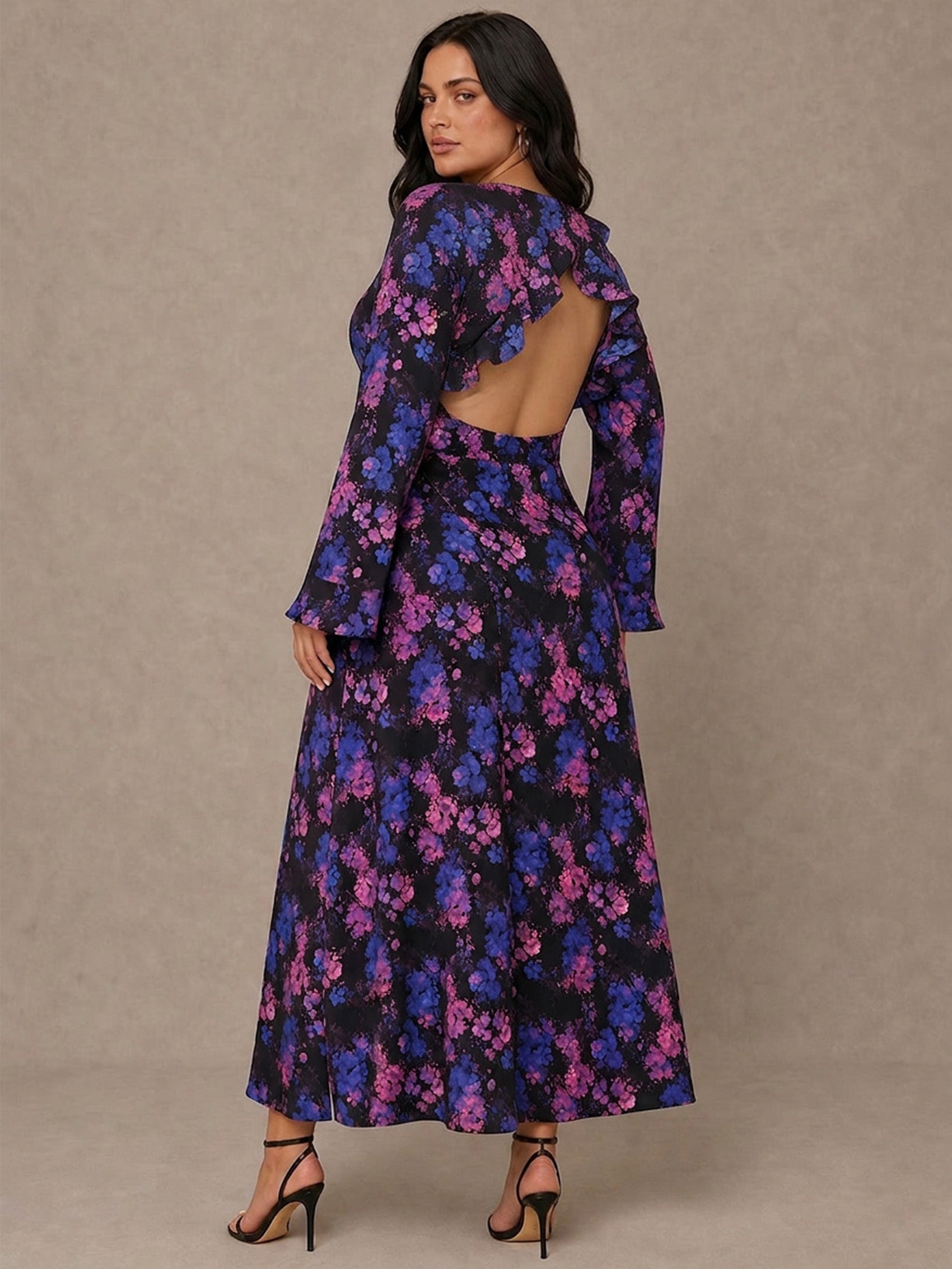 Plus Size Long Sleeve V Neck Floral Print Midi Dress in Black