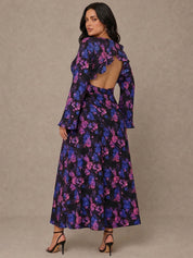 Plus Size Long Sleeve V Neck Floral Print Midi Dress in Black