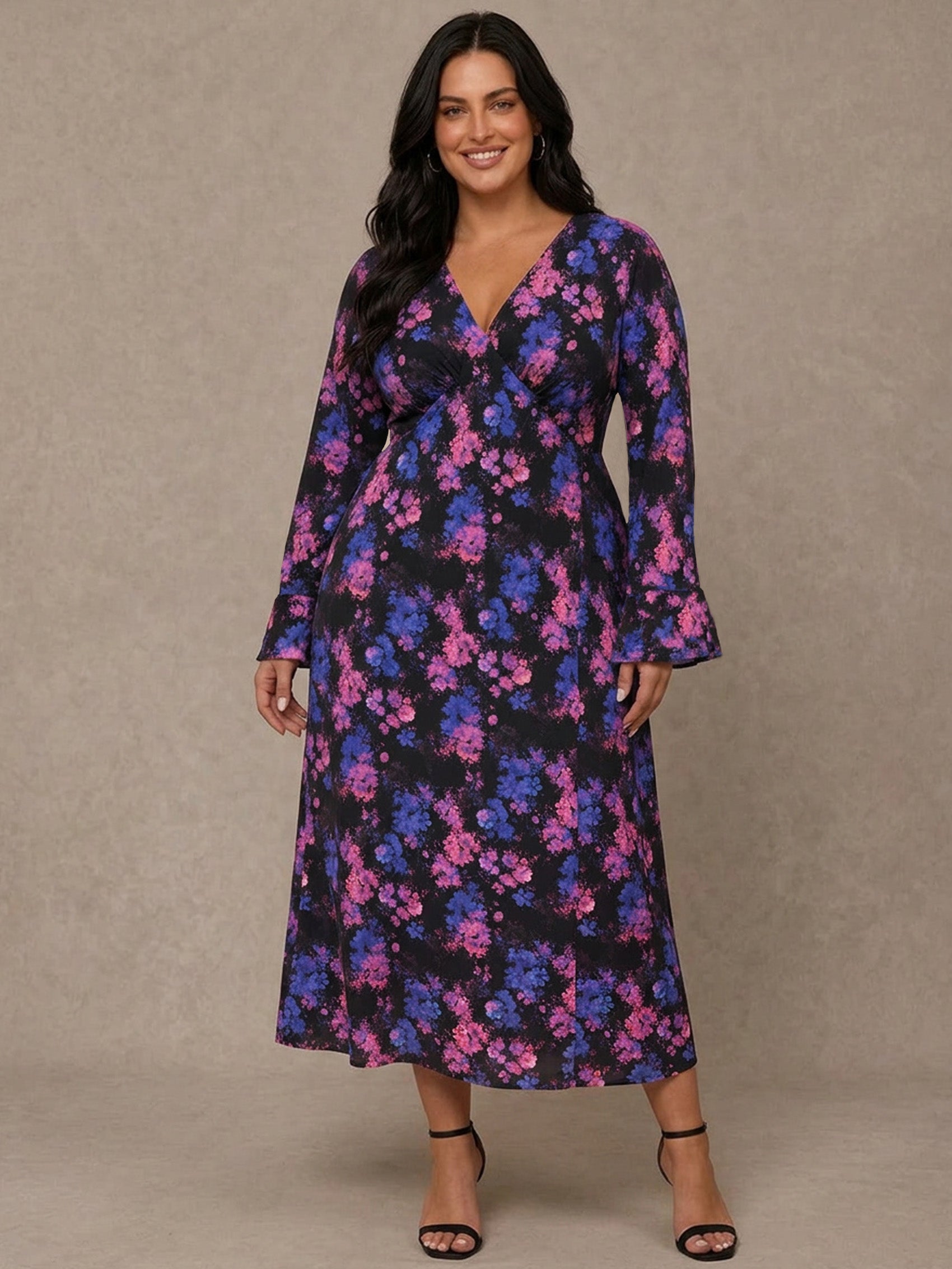 Plus Size Long Sleeve V Neck Floral Print Midi Dress in Black