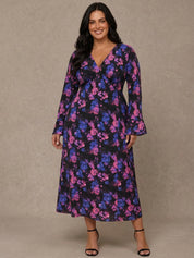 Plus Size Long Sleeve V Neck Floral Print Midi Dress in Black