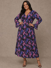 Plus Size Long Sleeve V Neck Floral Print Midi Dress in Black