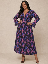 Plus Size Long Sleeve V Neck Floral Print Midi Dress in Black