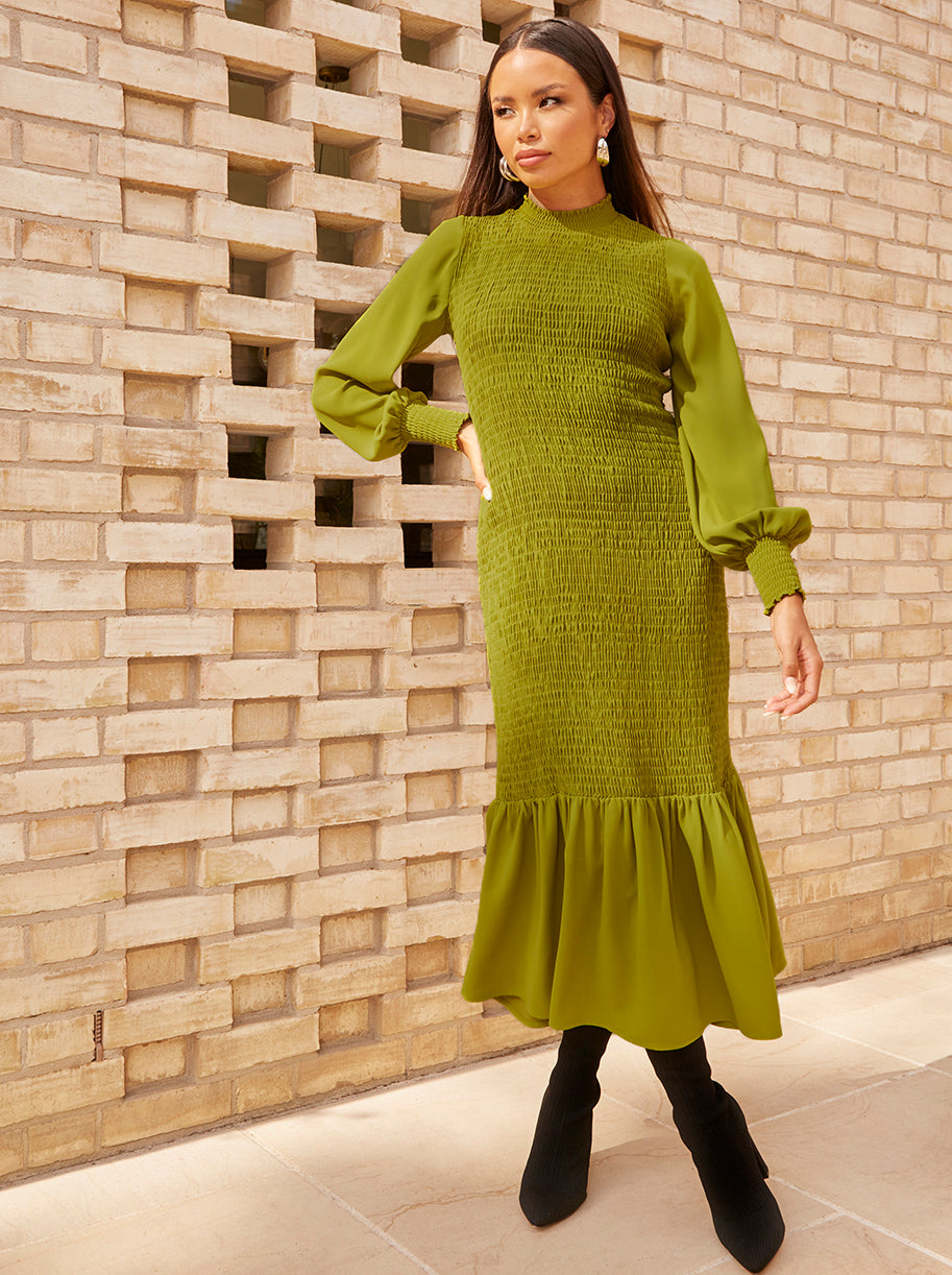 Long Sleeve Shirred Maxi Dress in Green