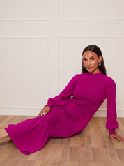 Petite Long Sleeve Shirred Maxi Dress in Pink