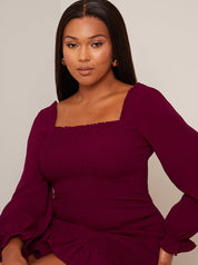 Long Sleeve Shirred Mini Dress in Wine