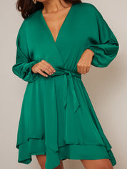 Long Sleeve Satin Wrap Dress in Green