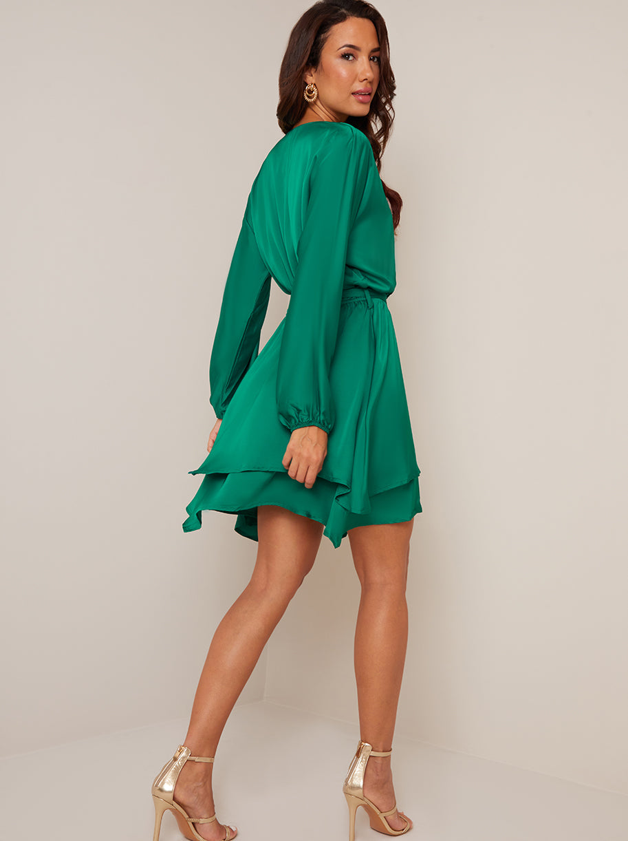 Long Sleeve Satin Wrap Dress in Green