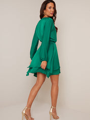 Long Sleeve Satin Wrap Dress in Green