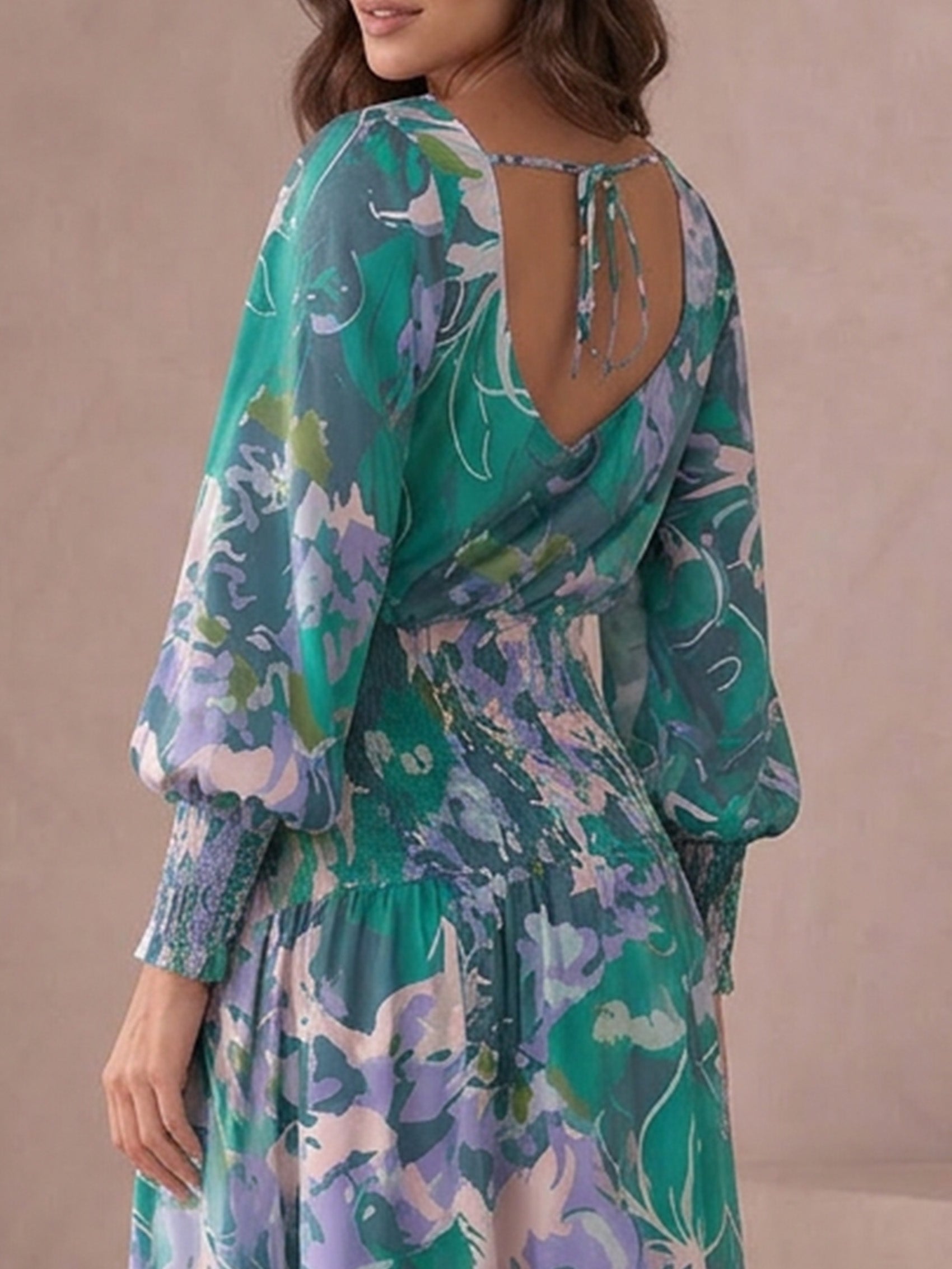Long Sleeve Floral Abstract Print Midi Dress in Green