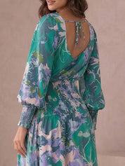 Long Sleeve Floral Abstract Print Midi Dress in Green