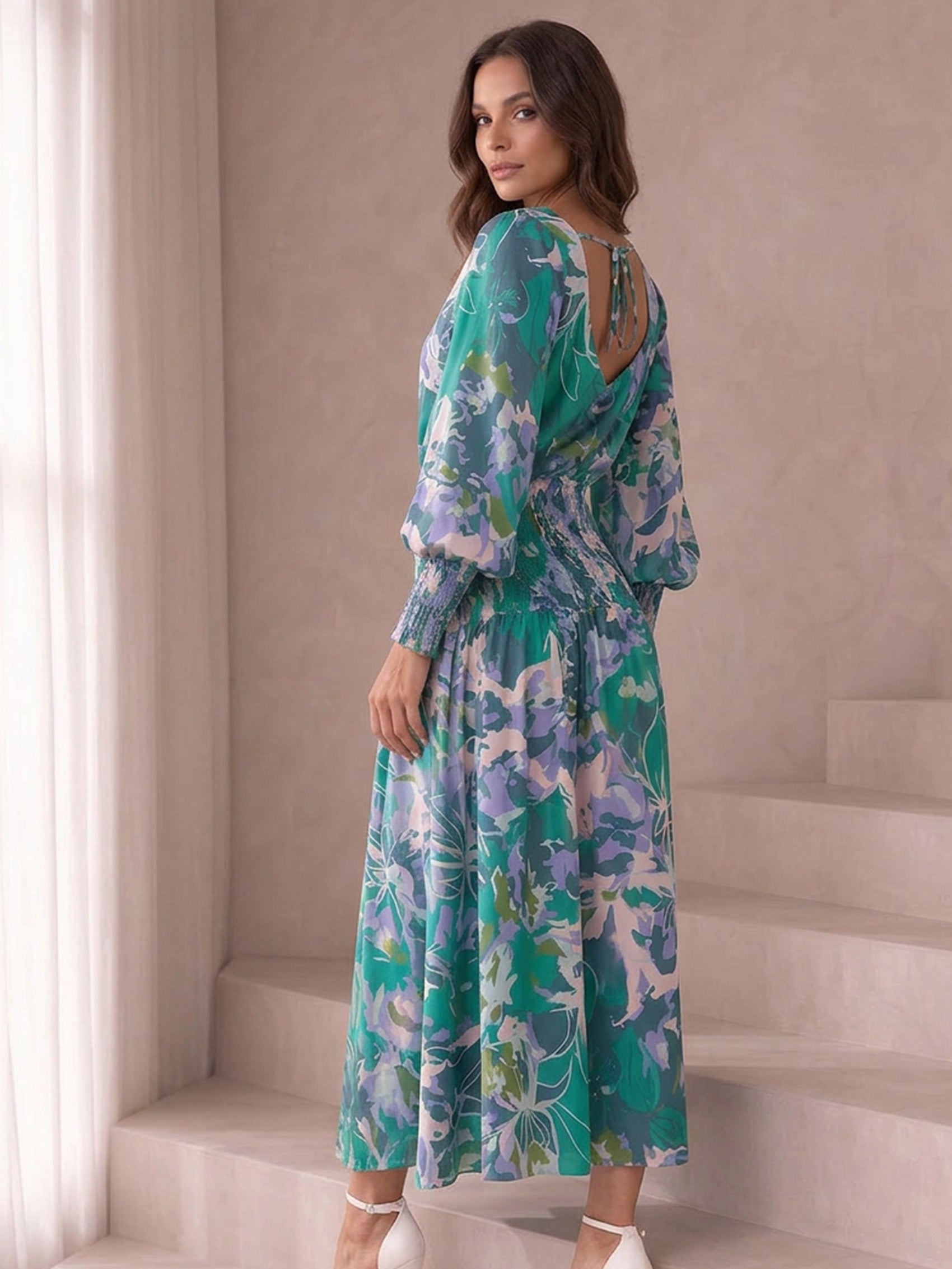 Long Sleeve Floral Abstract Print Midi Dress in Green