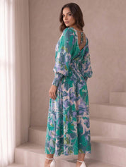 Long Sleeve Floral Abstract Print Midi Dress in Green