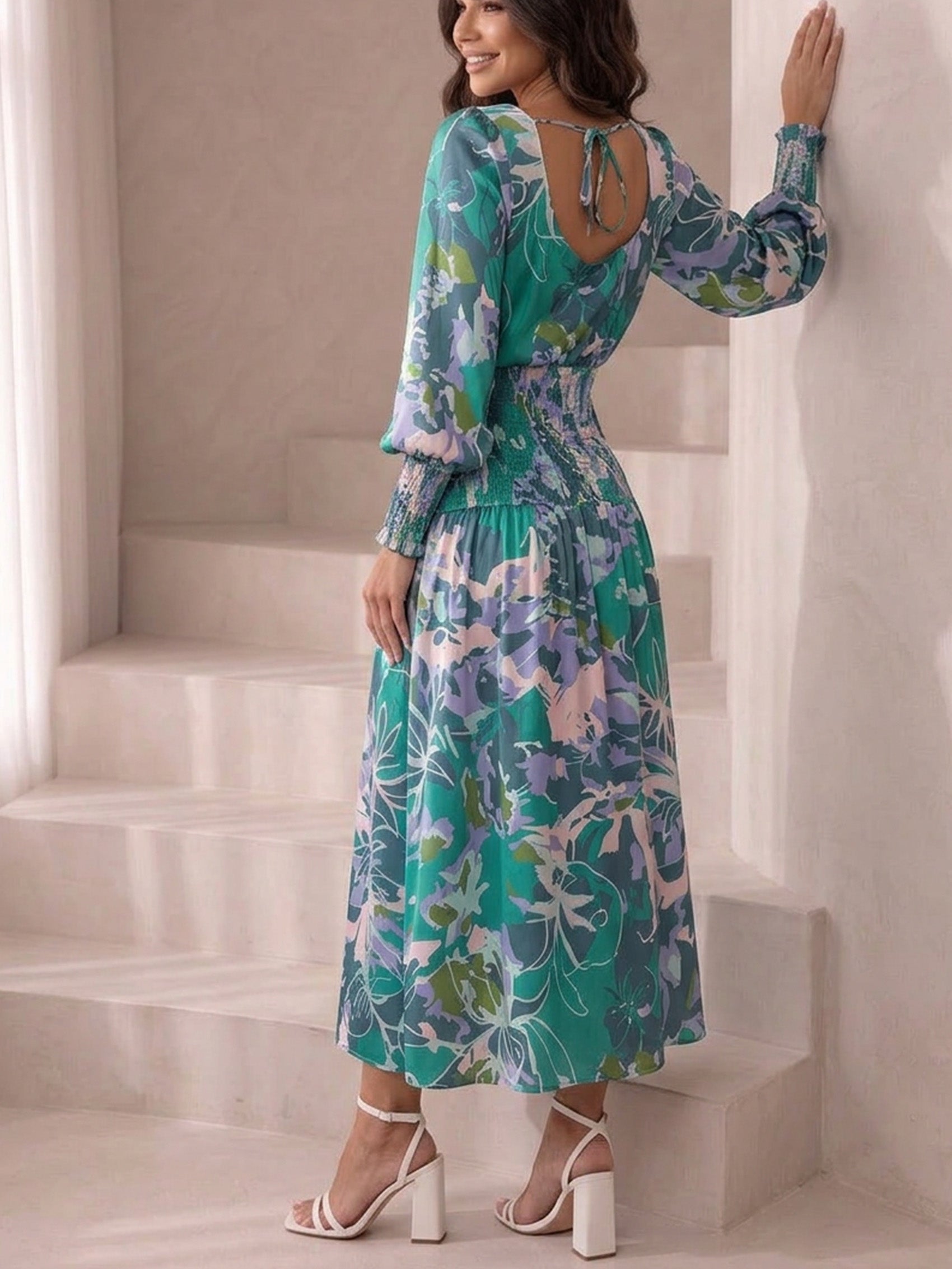 Long Sleeve Floral Abstract Print Midi Dress in Green