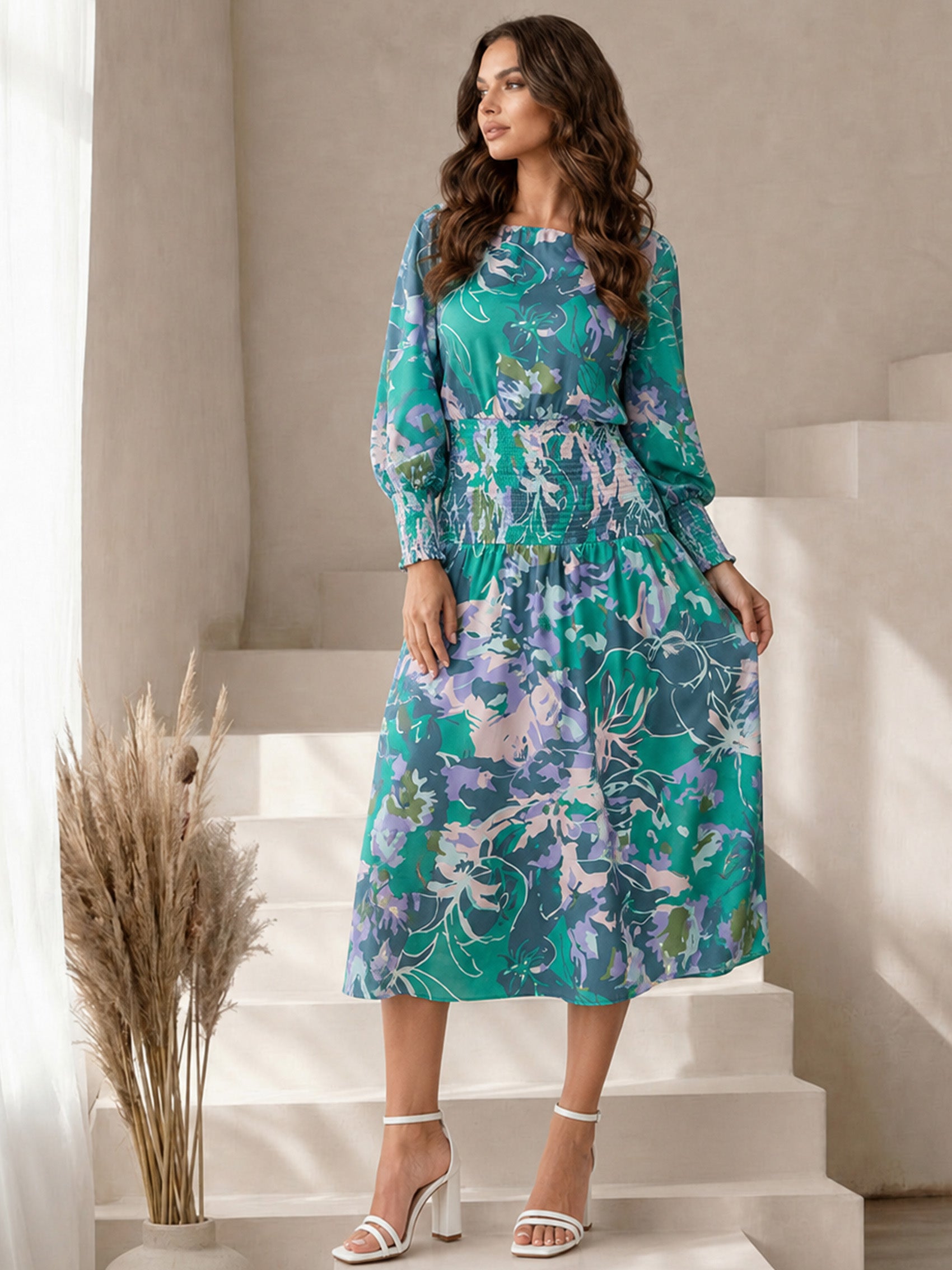 Long Sleeve Floral Abstract Print Midi Dress in Green