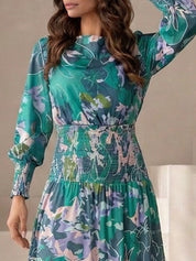 Long Sleeve Floral Abstract Print Midi Dress in Green