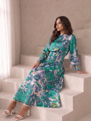 Long Sleeve Floral Abstract Print Midi Dress in Green