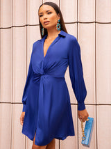 Long Sleeve Plunge Twist Detail Mini Dress in Blue