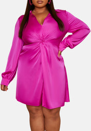 Plus Size Long Sleeve Twist Detail Satin Midi Dress in Purple