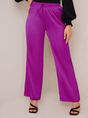 Satin Wide Leg Elasticated Waist Trousers in Fuchsia